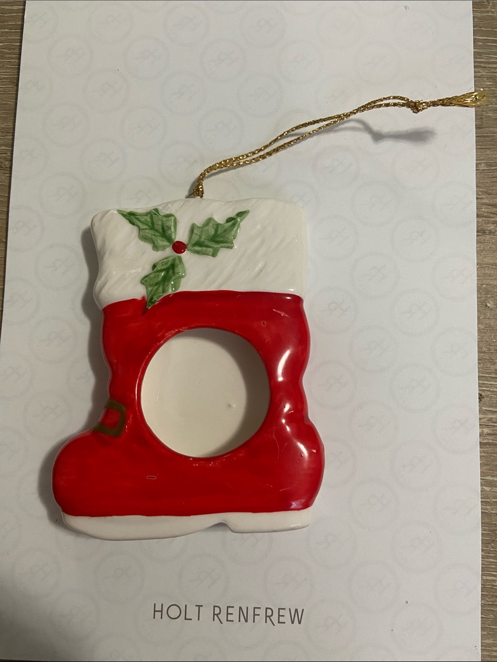 Vintage Christmas Stocking Ceramic Picture Frame Ornament with Holly